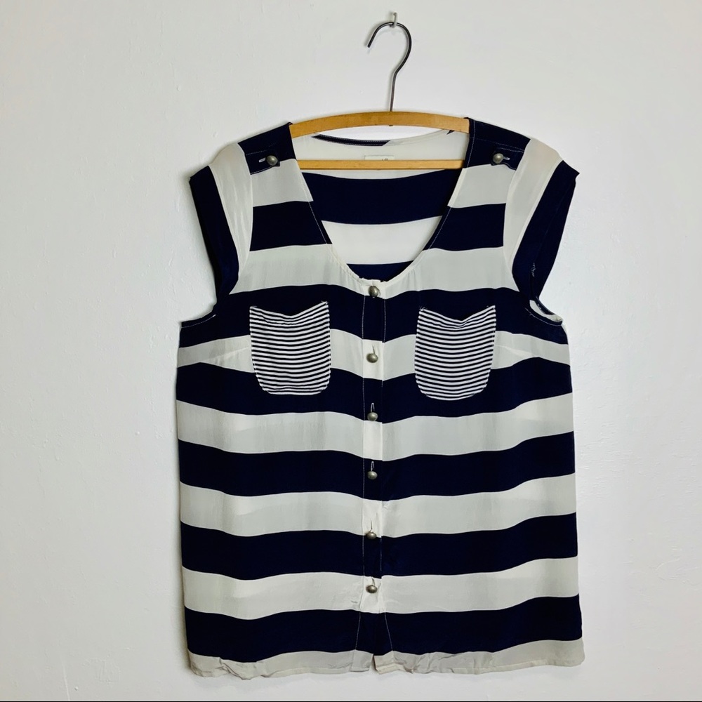 Odille Blue and Cream Striped Silk Tank Top